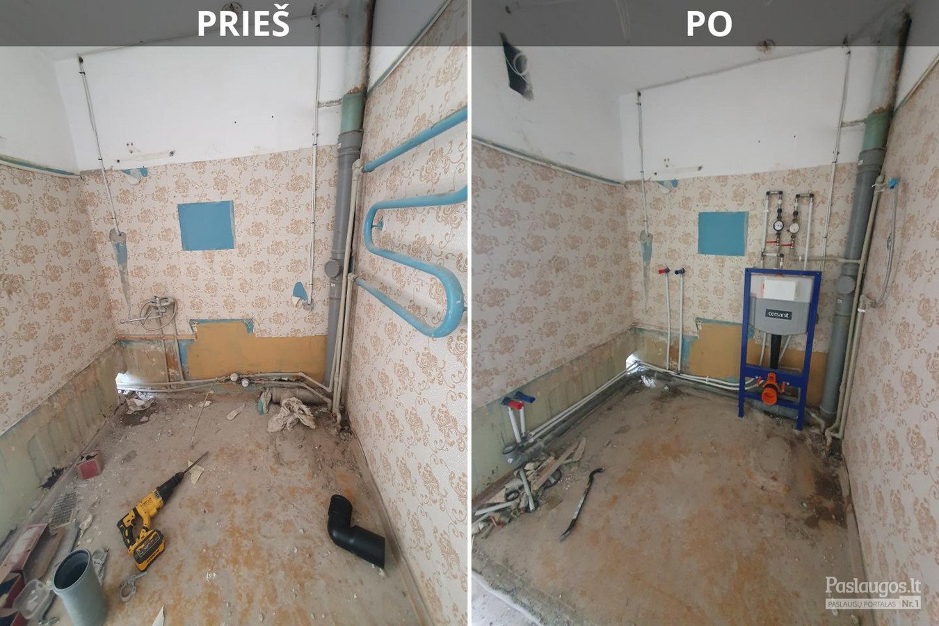 Vamzdyno įrengimo darbai prieš ir po